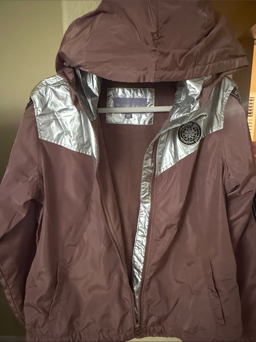 Madden Girl Dusty Rose and Silver Hooded Bomber Jacket
